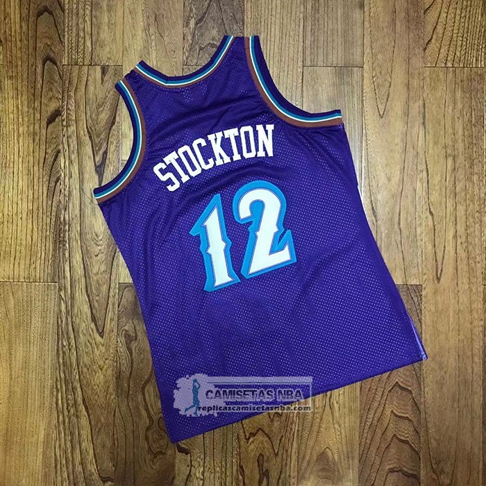 Camiseta Utah Jazz John Stockton NO 12 Hardwood Classics Throwback 1996-97 Violeta